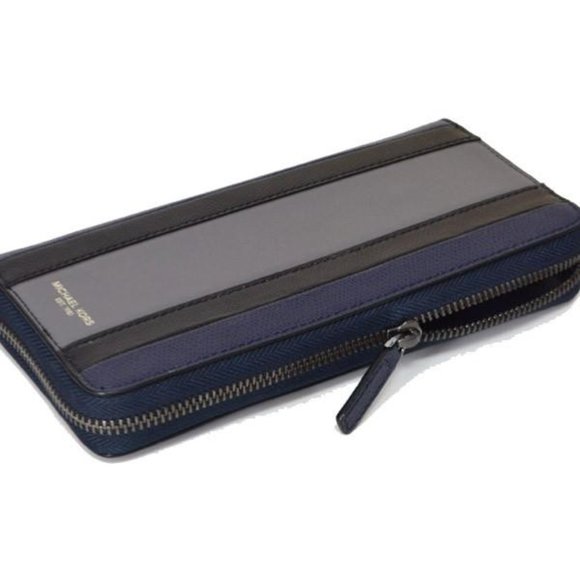 MICHAEL KORS Men's Long Wallet Coated Leather Striped Zip 36T7LWRE3 NAVY - Picture 2 of 6